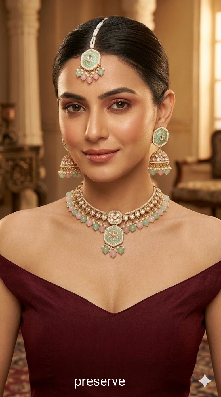 Sea Green Pink Kundan 21 Karet Necklace Jewellery Preserve Set