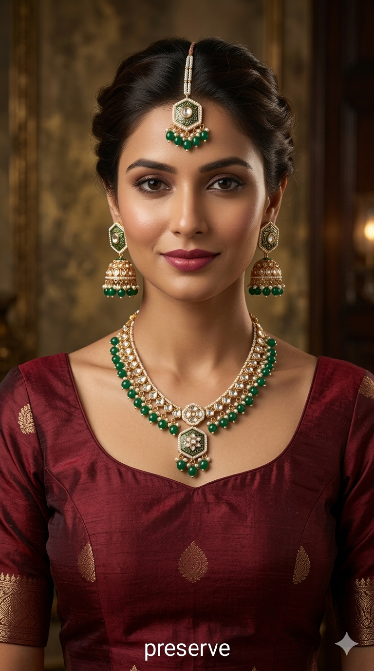 Green Kundan 21 Karet Necklace Jewellery Preserve Set