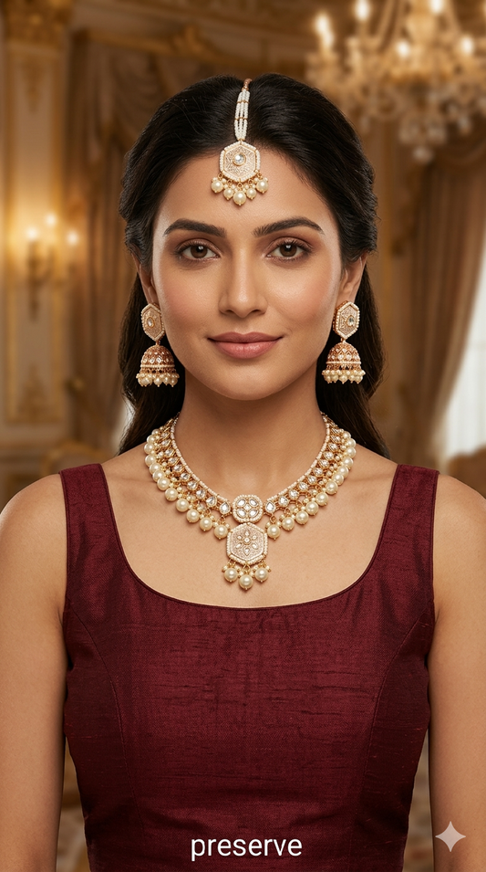 Rose White Kundan 21 Karet Necklace Jewellery Preserve Set