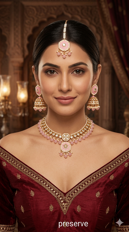 Pink Kundan 21 Karet Necklace Jewellery Preserve Set