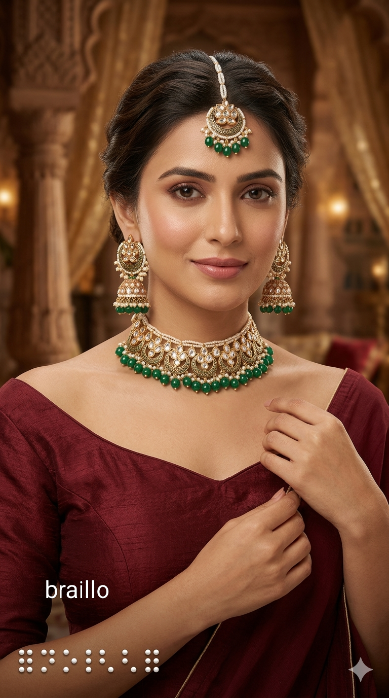 Green Kundan Karet Choker Jewellery Braillo Set