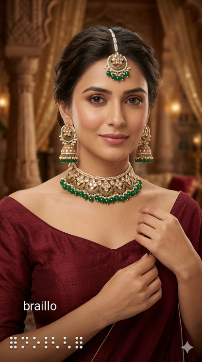 Green Kundan Karet Choker Jewellery Braillo Set