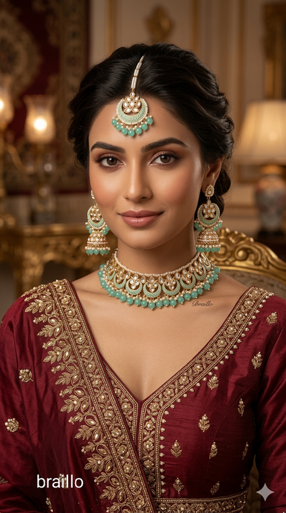 Turquoise Kundan Karet Choker Jewellery Braillo Set