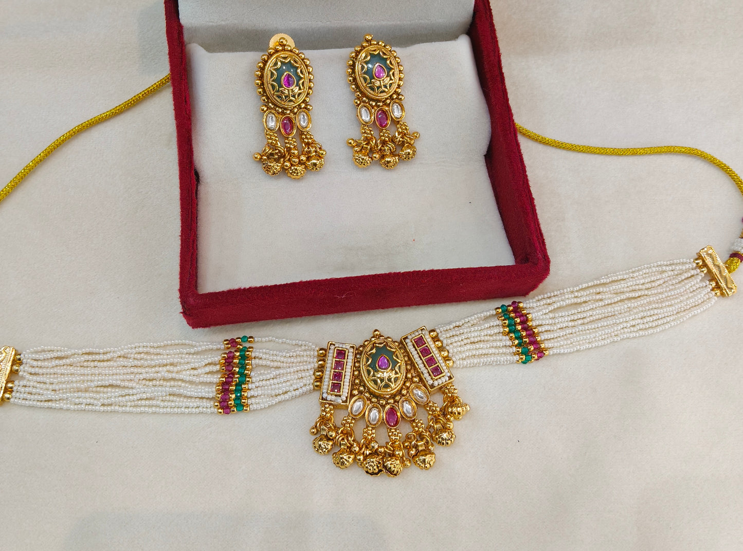 Gold Polki Ruby Sage Green Choker Yuka Jewellery Polki Set