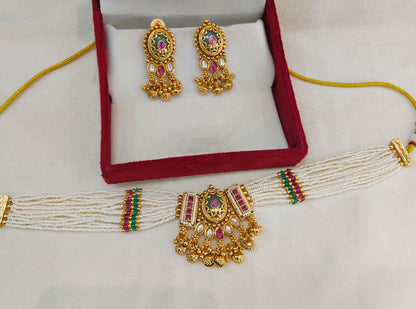 Gold Polki Ruby Sage Green Choker Yuka Jewellery Polki Set
