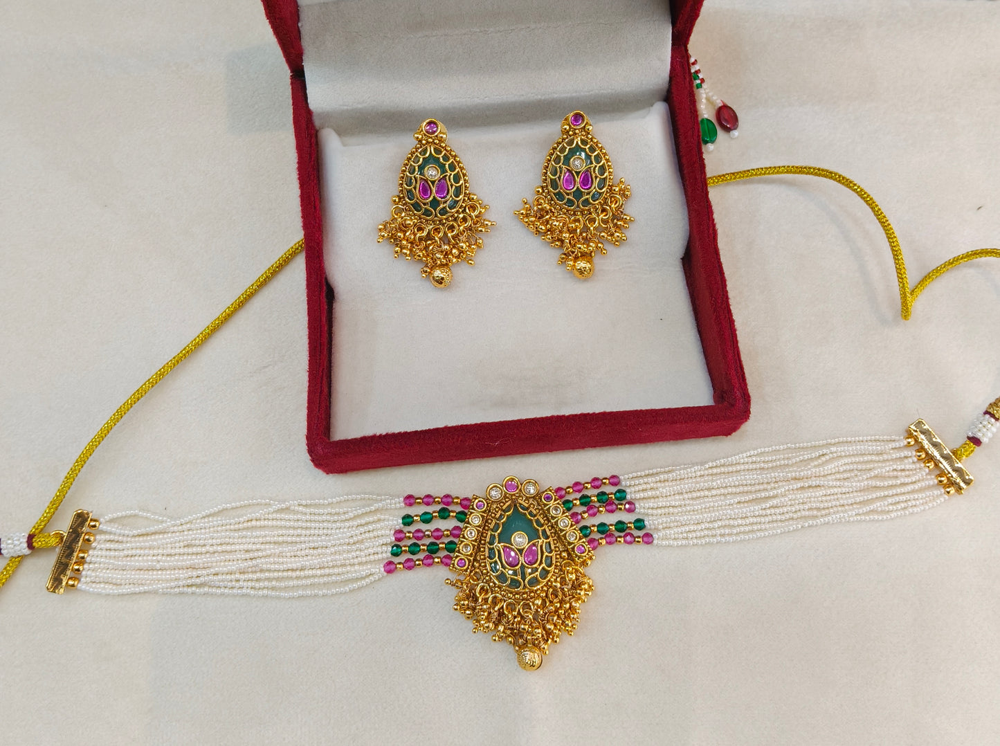Gold Polki Ruby Sage Green Choker Yuka Jewellery Polki Set