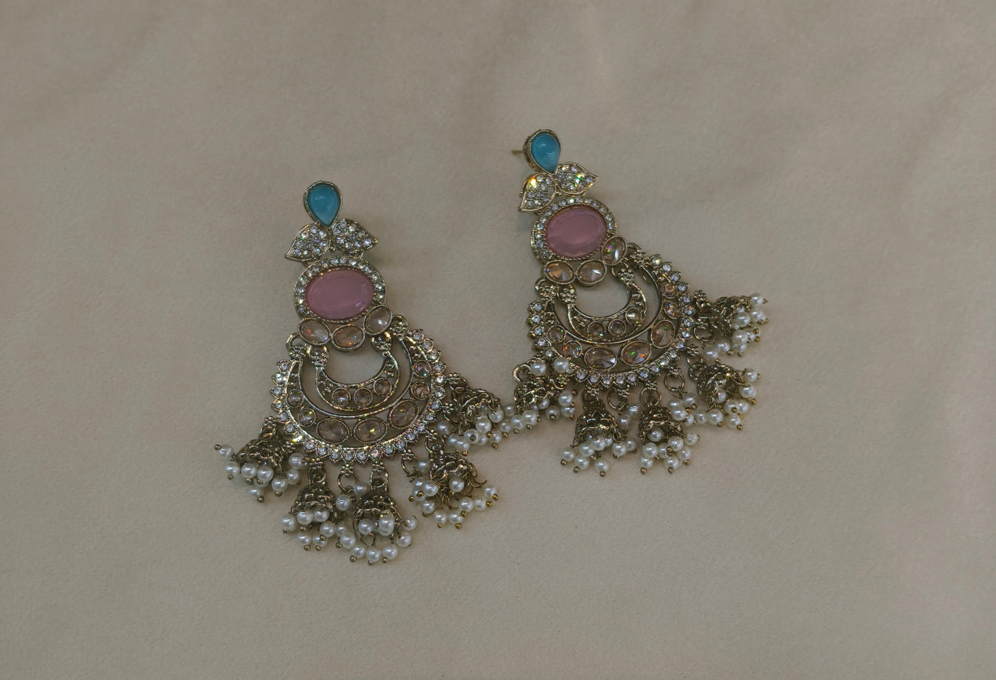 Antique Gold Sky Blue pink Bollywood Tora Earrings