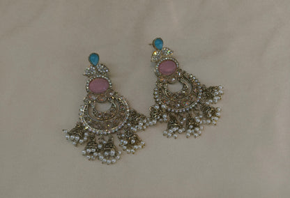 Antique Gold Sky Blue pink Bollywood Tora Earrings