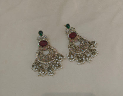 Antique Gold Maroon Green Bollywood Tora Earrings