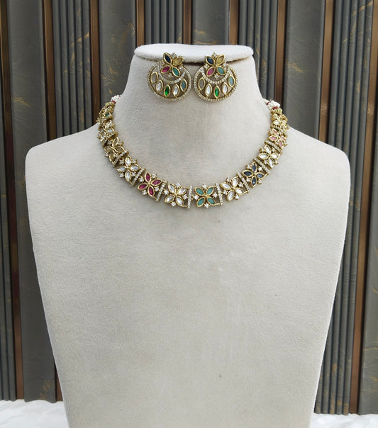 Antique Gold Multi Color Kundan Necklace Jewellery Juna Set