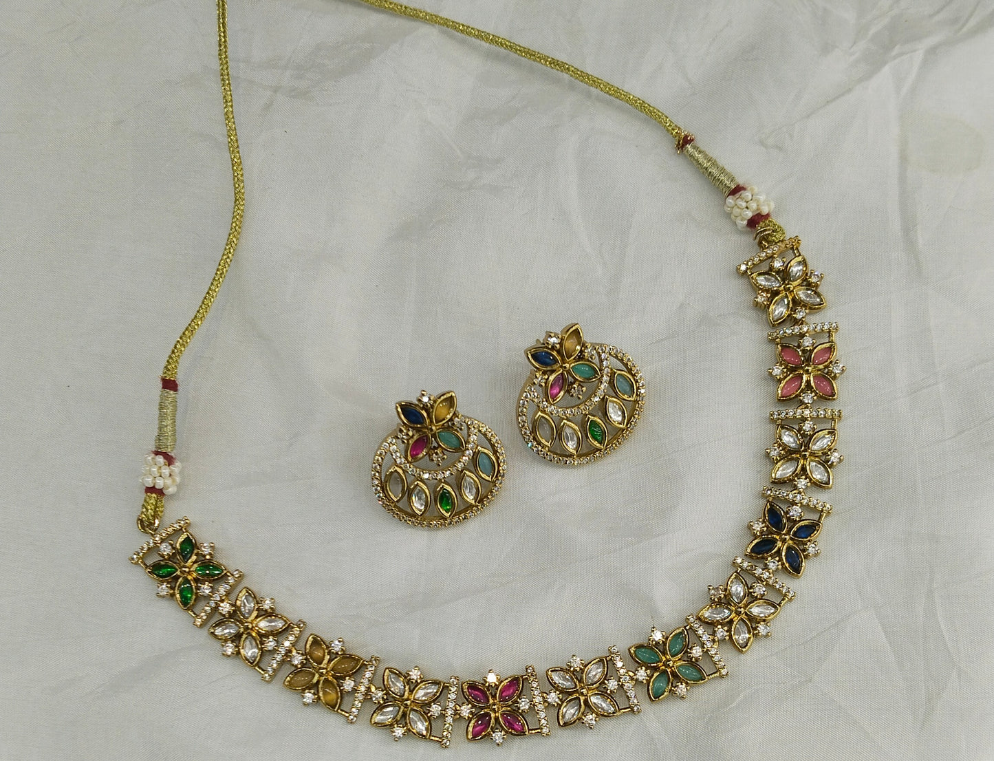 Antique Gold Multi Color Kundan Necklace Jewellery Juna Set