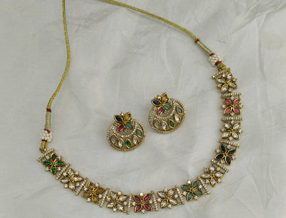Antique Gold Multi Color Kundan Necklace Jewellery Juna Set