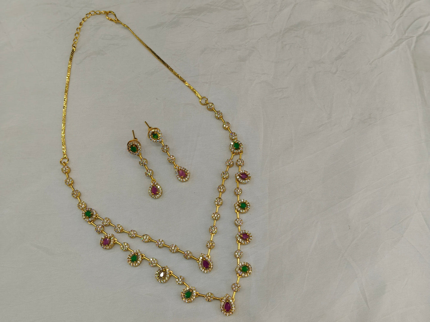 Gold American Diamond Ruby Green Ad Hana Necklace Set