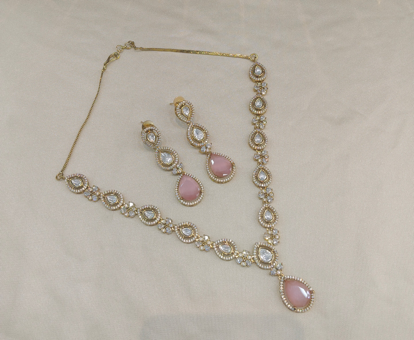 Antique Gold Pink Moissanite Kundan Necklace Jewellery Hina Set