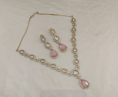 Antique Gold Pink Moissanite Kundan Necklace Jewellery Hina Set
