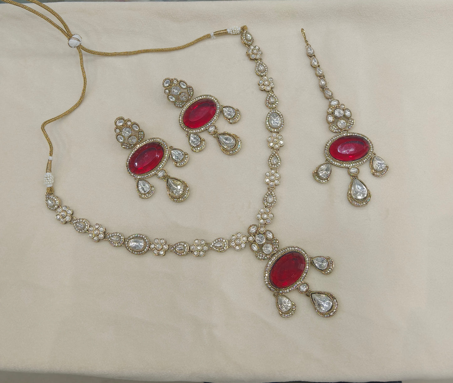 Antique Gold Maroon Long Moissanite Kundan Necklace Jewellery Henry Set