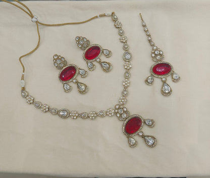 Antique Gold Maroon Long Moissanite Kundan Necklace Jewellery Henry Set