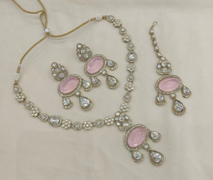 Antique Gold Pink Long Moissanite Kundan Necklace Jewellery Henry Set