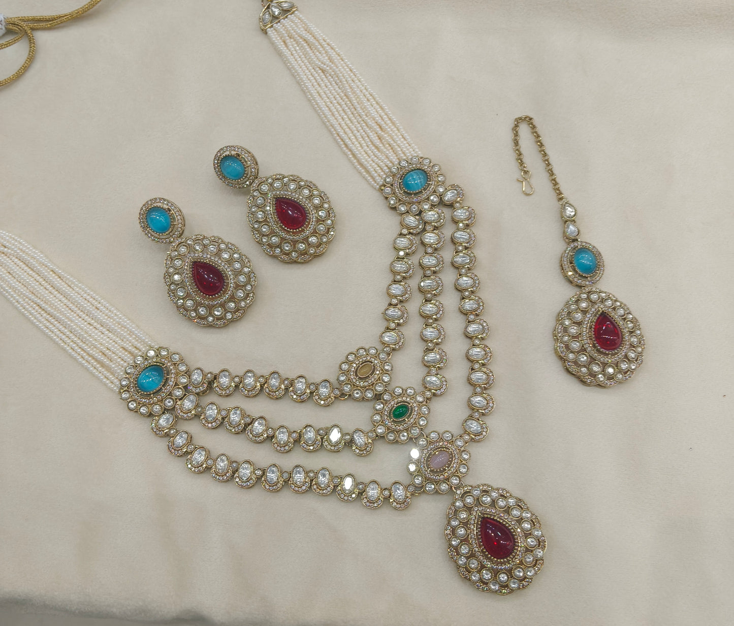 Antique Gold Multicolor Long Moissanite Kundan Necklace Jewellery Henry Set