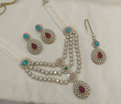 Antique Gold Multicolor Long Moissanite Kundan Necklace Jewellery Henry Set