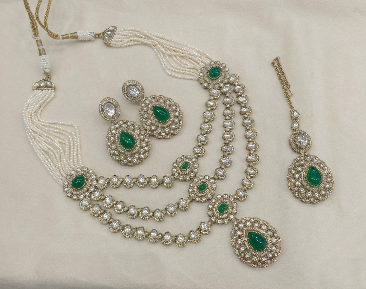 Antique Gold Green Long Moissanite Kundan Necklace Jewellery Henry Set