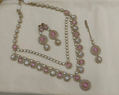 Antique Gold Pink Long Moissanite Kundan Necklace Jewellery Henry Set