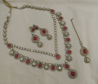 Antique Gold Ruby Long Moissanite Kundan Necklace Jewellery Henry Set