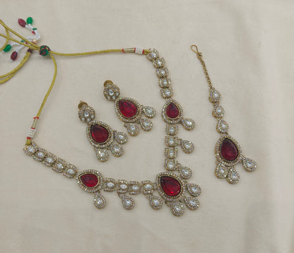 Antique Gold Maroon Moissanite Kundan Necklace Jewellery Lena Set