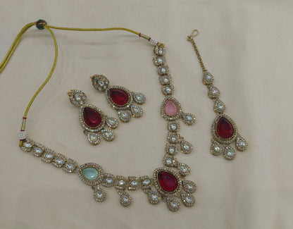 Antique Gold Multicolor Moissanite Kundan Necklace Jewellery Lena Set
