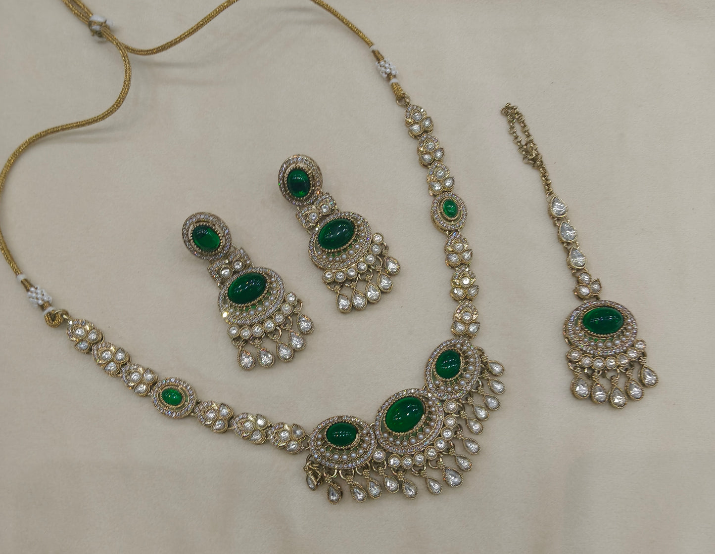 Antique Gold Green Moissanite Kundan Necklace Jewellery Lara Set