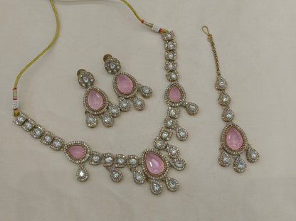 Antique Gold Pink Moissanite Kundan Necklace Jewellery Lena Set