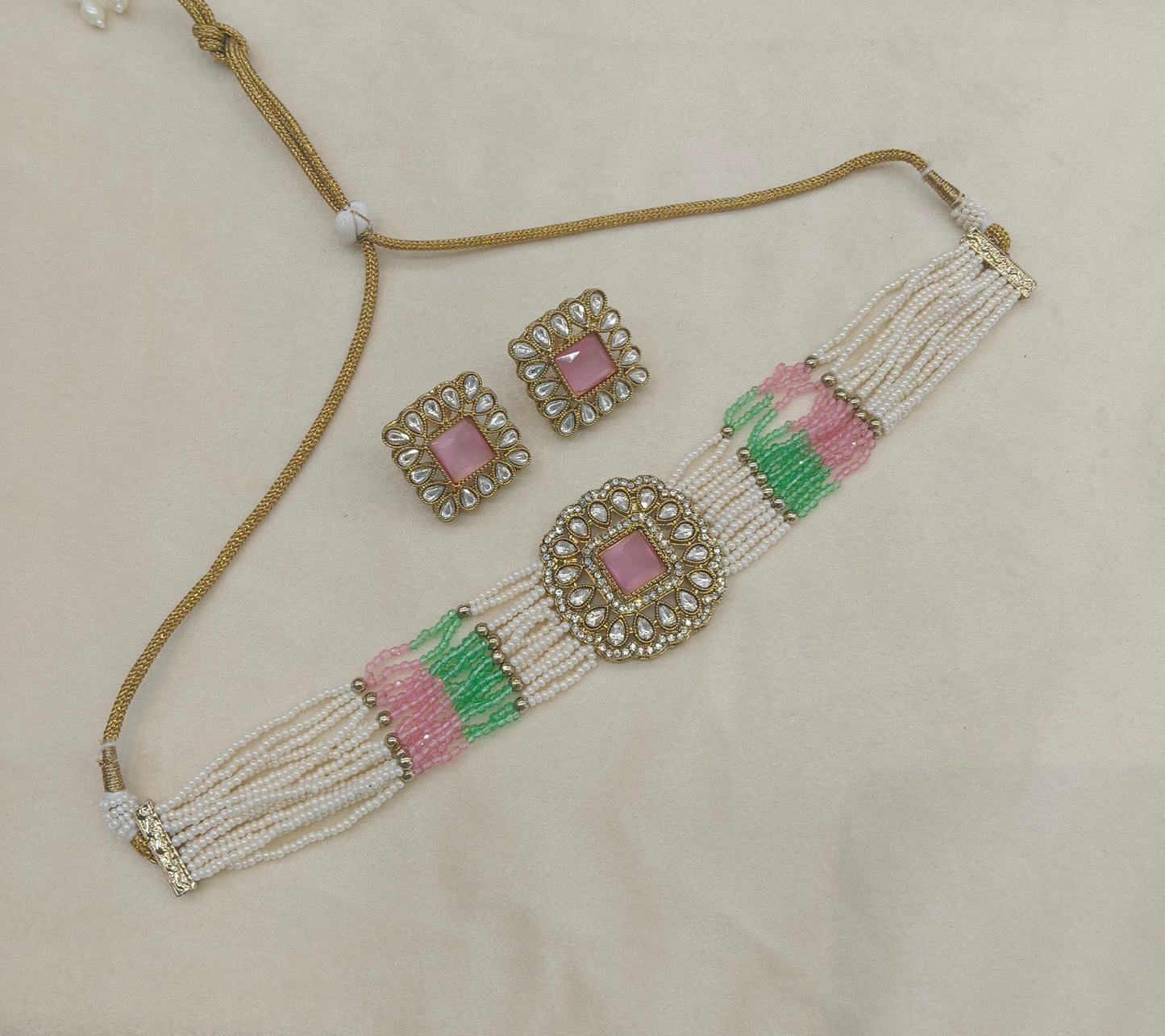 Antique Mint Pink Moissanite Kundan Choker Jewellery Abby Set