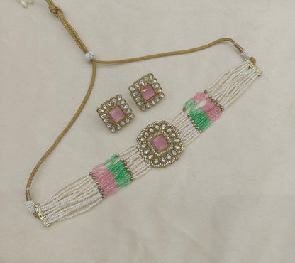 Antique Mint Pink Moissanite Kundan Choker Jewellery Abby Set