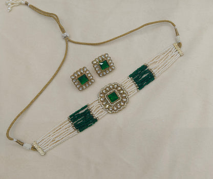 Antique Green Moissanite Kundan Choker Jewellery Abby Set