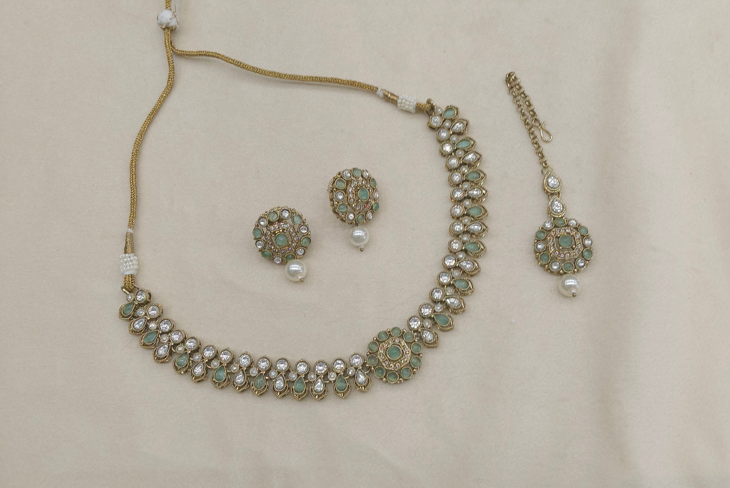 Antique Gold Pista Moissanite Kundan Necklace Jewellery Aya Set