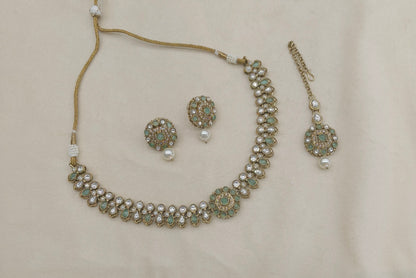 Antique Gold Pista Moissanite Kundan Necklace Jewellery Aya Set