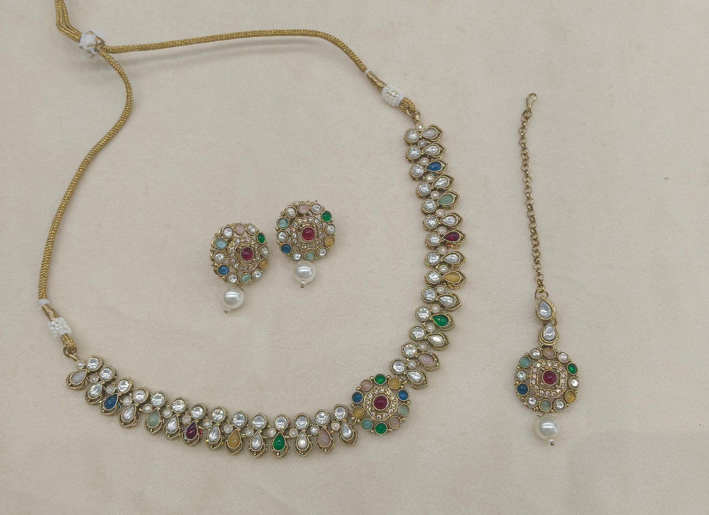 Antique Gold Multicolor Moissanite Kundan Necklace Jewellery Aya Set