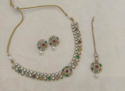 Antique Gold Multicolor Moissanite Kundan Necklace Jewellery Aya Set