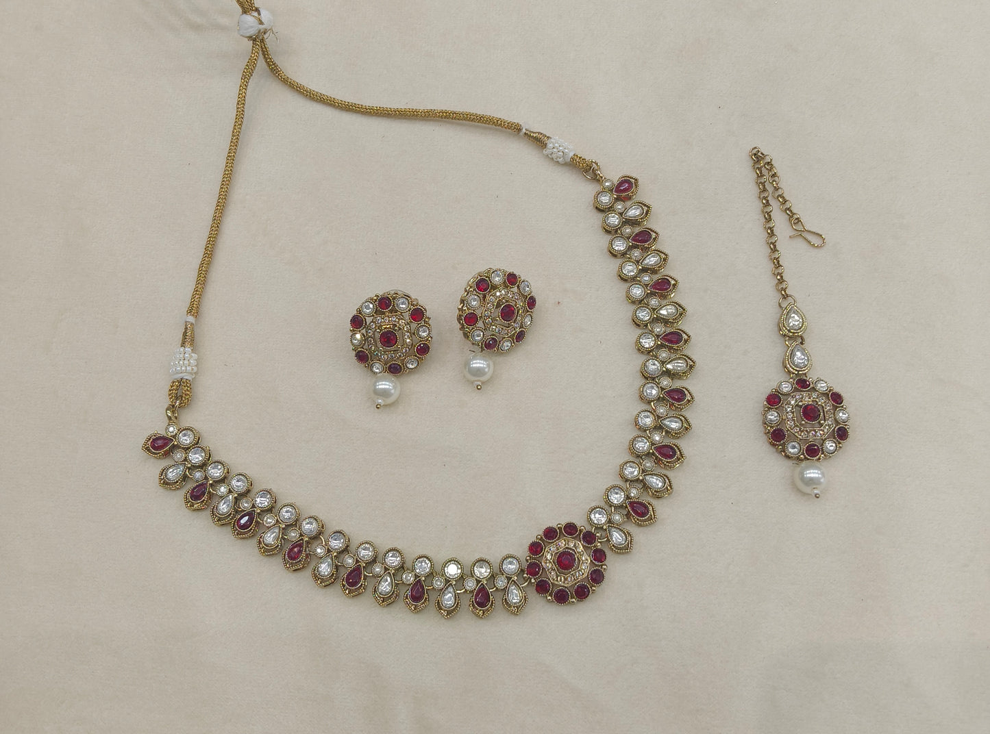 Antique Gold Maroon Moissanite Kundan Necklace Jewellery Aya Set
