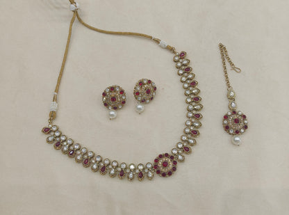 Antique Gold Maroon Moissanite Kundan Necklace Jewellery Aya Set