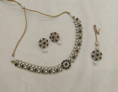 Antique Gold Black Moissanite Kundan Necklace Jewellery Aya Set
