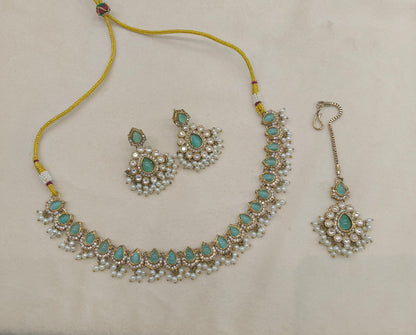 Antique Gold Pista Moissanite Kundan Necklace Jewellery Semu Set