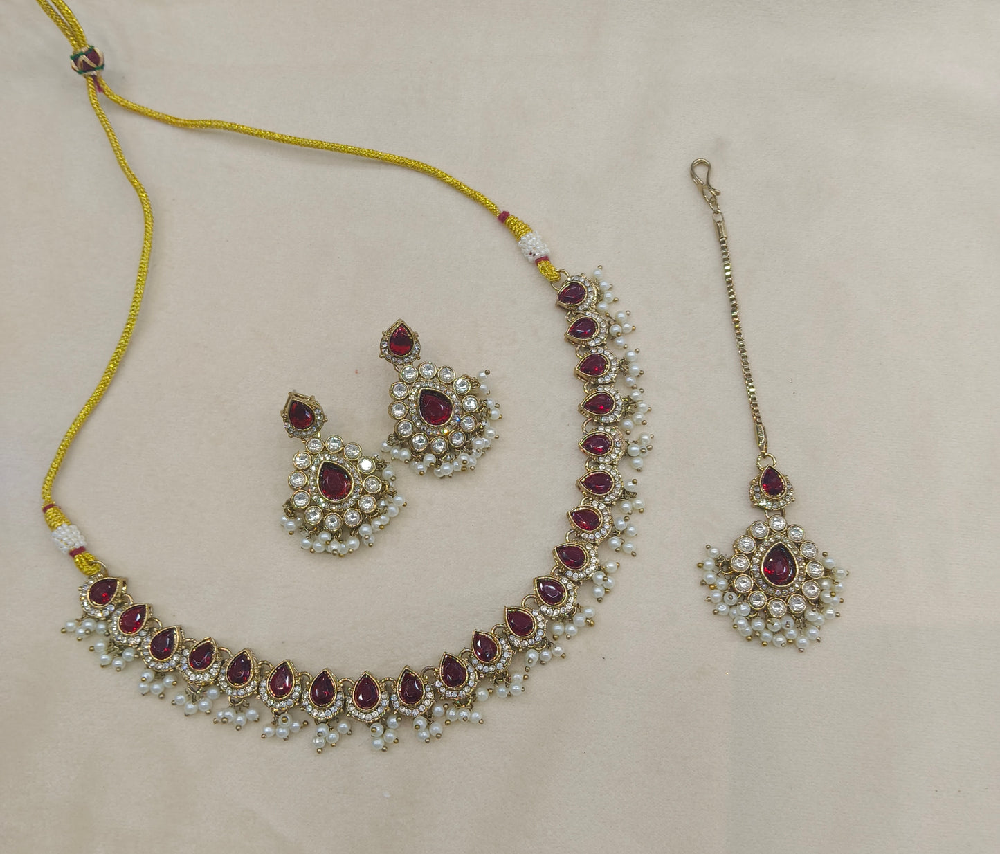 Antique Gold Maroon Moissanite Kundan Necklace Jewellery Semu Set