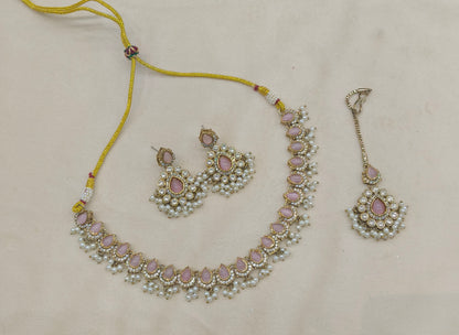 Antique Pink Moissanite Kundan Necklace Jewellery Semu Set