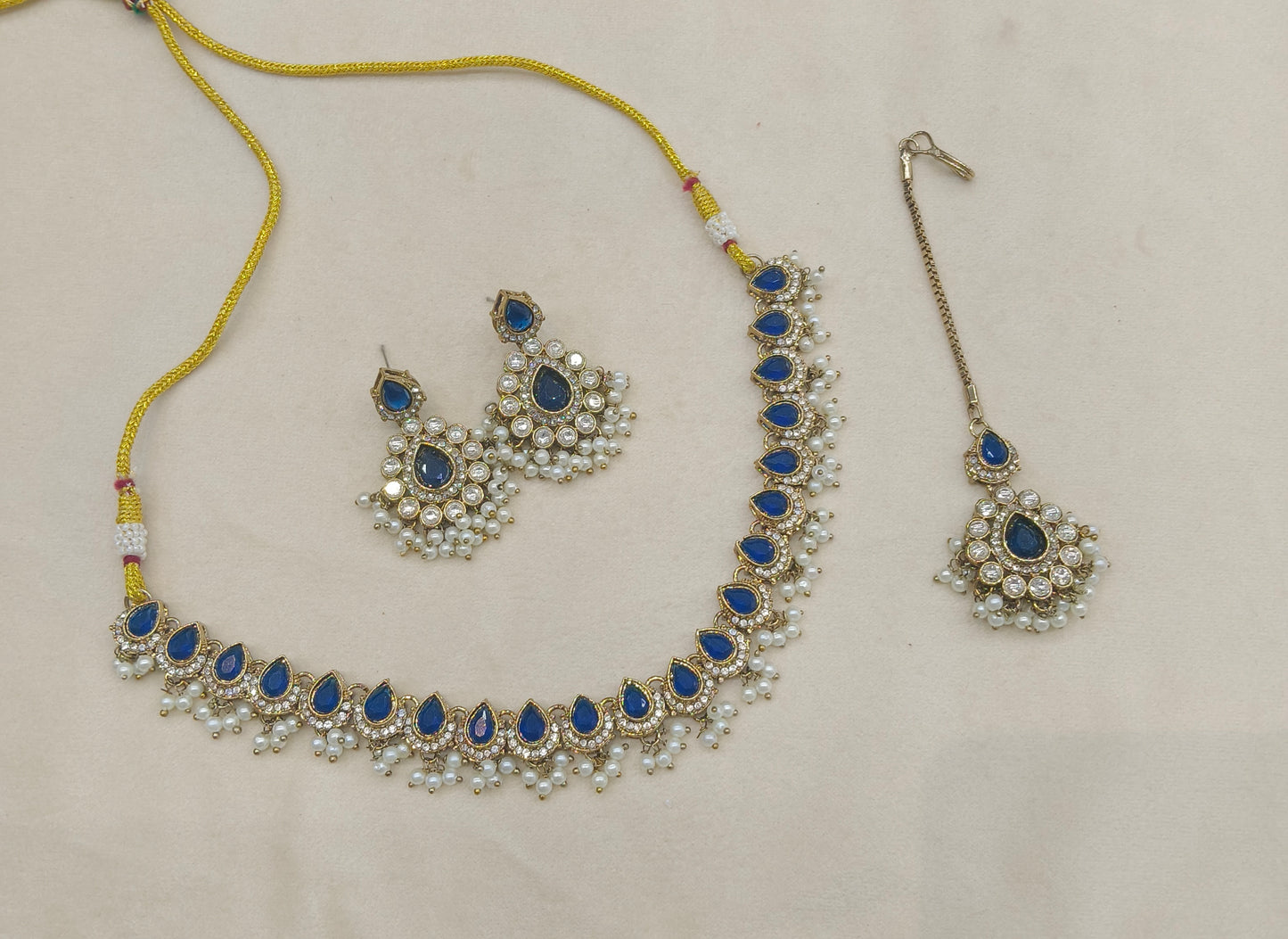 Antique Blue Moissanite Kundan Necklace Jewellery Semu Set
