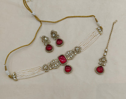 Antique Maroon Moissanite Kundan Choker Jewellery Latin Set