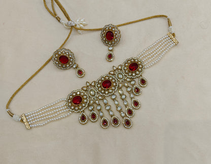 Antique Maroon Moissanite Kundan Choker Jewellery Soza Set