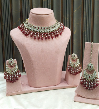Antique Moissanite Maroon Kundan Necklace Jewellery Muna Set