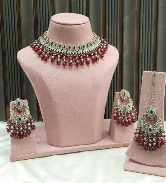 Antique Moissanite Maroon Kundan Necklace Jewellery Muna Set