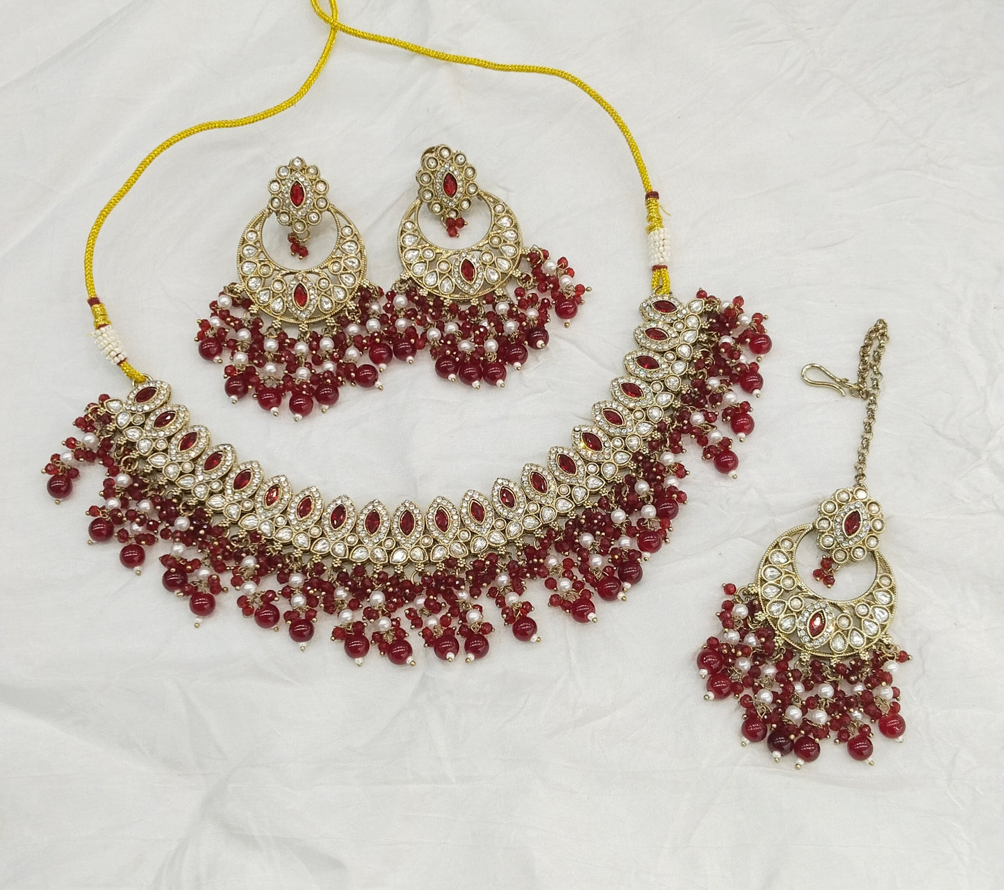 Antique Moissanite Maroon Kundan Necklace Jewellery Muna Set